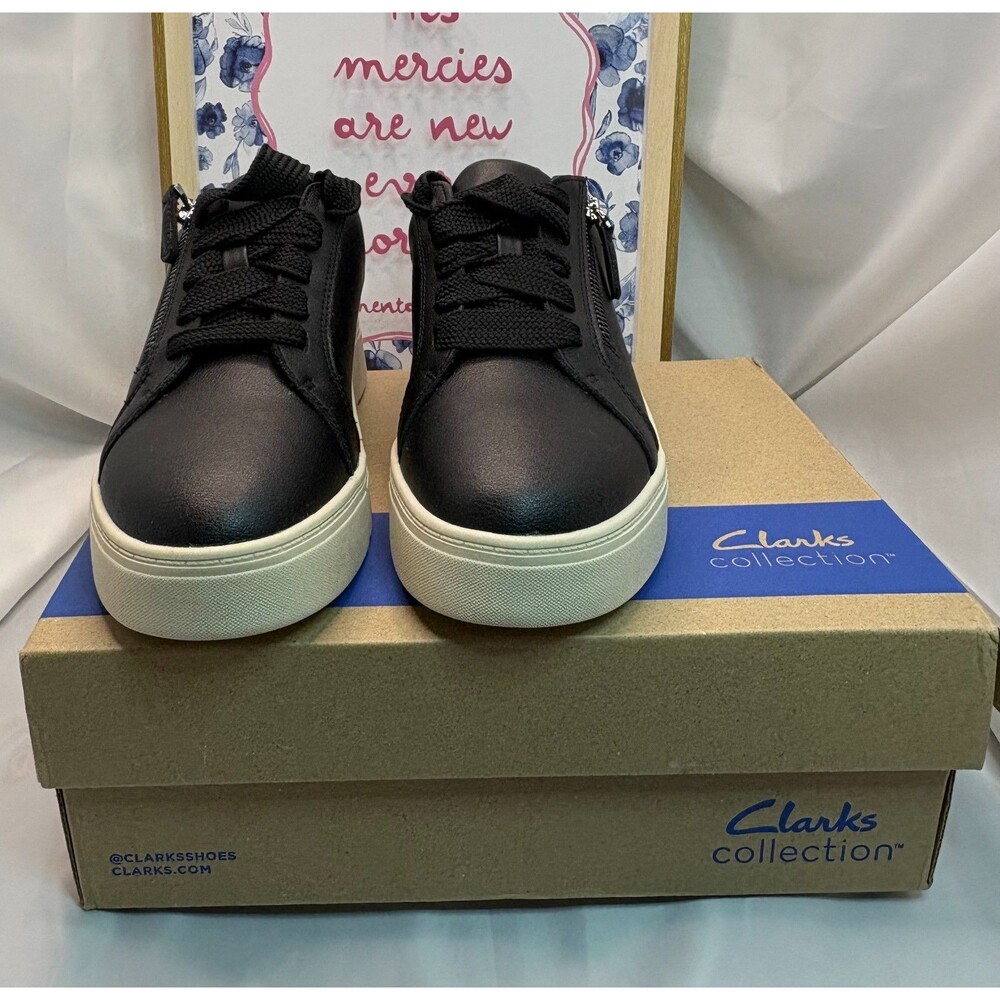 Clarks Mykah Joy Leather Sneakers Womens 9 Wide Black Zip Platform Shoes NIB